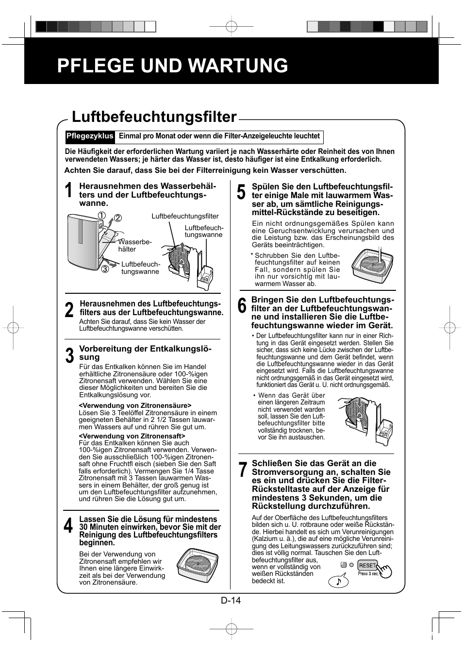 Pflege und wartung, Luftbefeuchtungsfi lter | Sharp KC-860E User Manual | Page 36 / 264