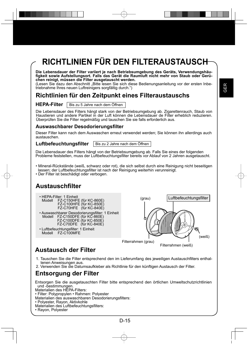 Richtlinien für den filteraustausch, Austauschfi lter, Entsorgung der filter austausch der filter | Sharp KC-860E User Manual | Page 37 / 264