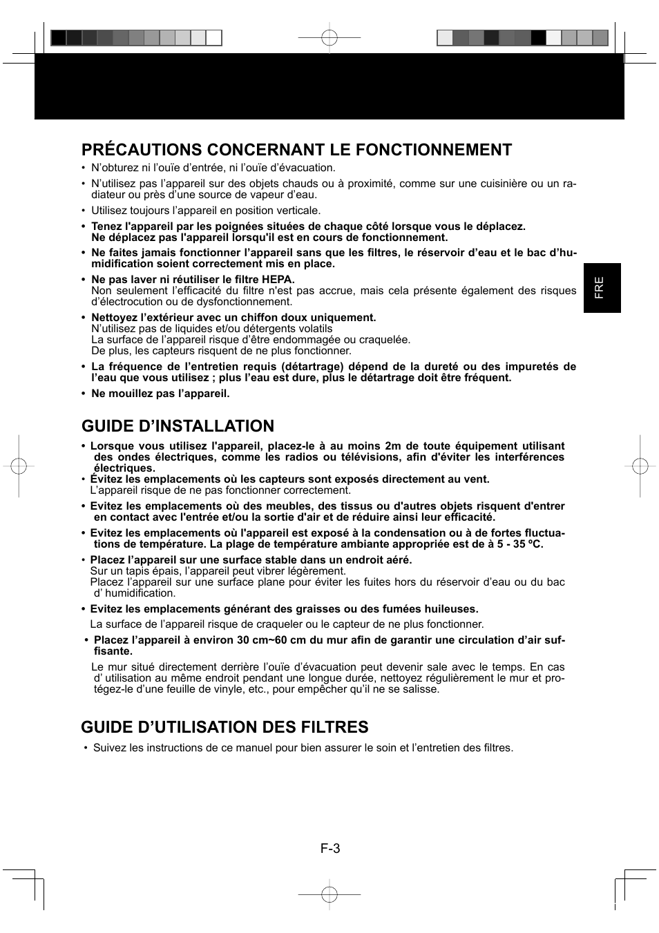 Guide d’utilisation des filtres, Précautions concernant le fonctionnement, Guide d’installation | Sharp KC-860E User Manual | Page 45 / 264