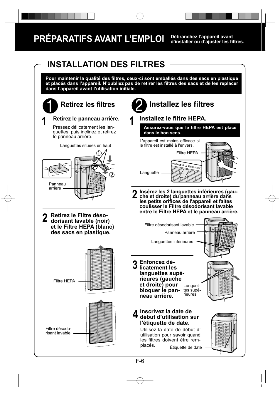 Préparatifs avant l’emploi, Installation des filtres, Installez les fi ltres | Retirez les fi ltres | Sharp KC-860E User Manual | Page 48 / 264