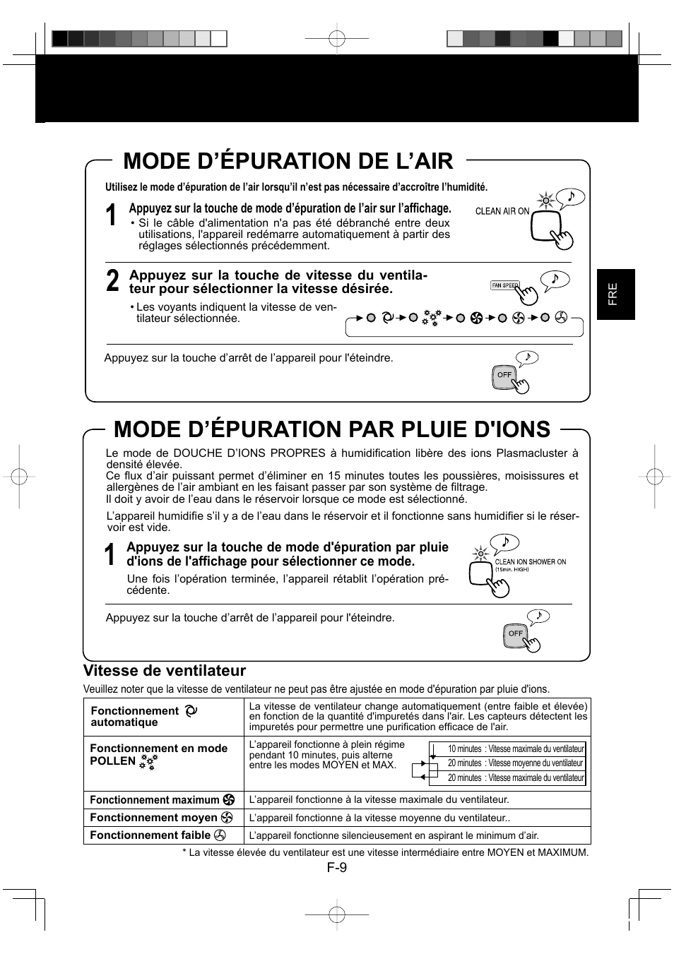 Mode d’épuration par pluie d'ions, Mode d’épuration de l’air, Vitesse de ventilateur | Sharp KC-860E User Manual | Page 51 / 264