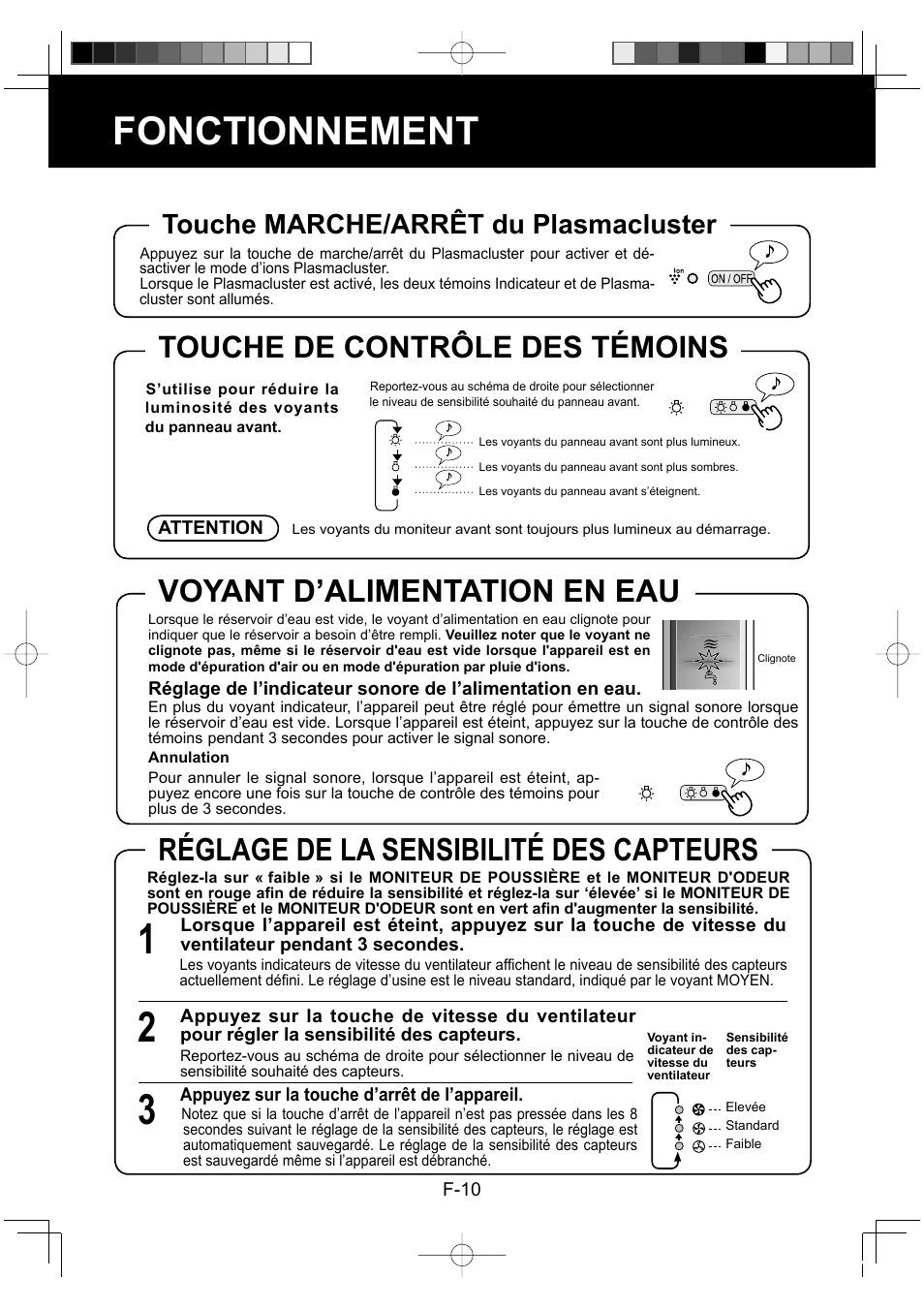 Fonctionnement, Voyant d’alimentation en eau, Réglage de la sensibilité des capteurs | Touche de contrôle des témoins, Touche marche/arrêt du plasmacluster | Sharp KC-860E User Manual | Page 52 / 264