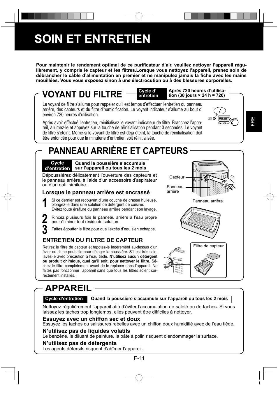 Soin et entretien, Appareil, Panneau arrière et capteurs | Voyant du filtre | Sharp KC-860E User Manual | Page 53 / 264