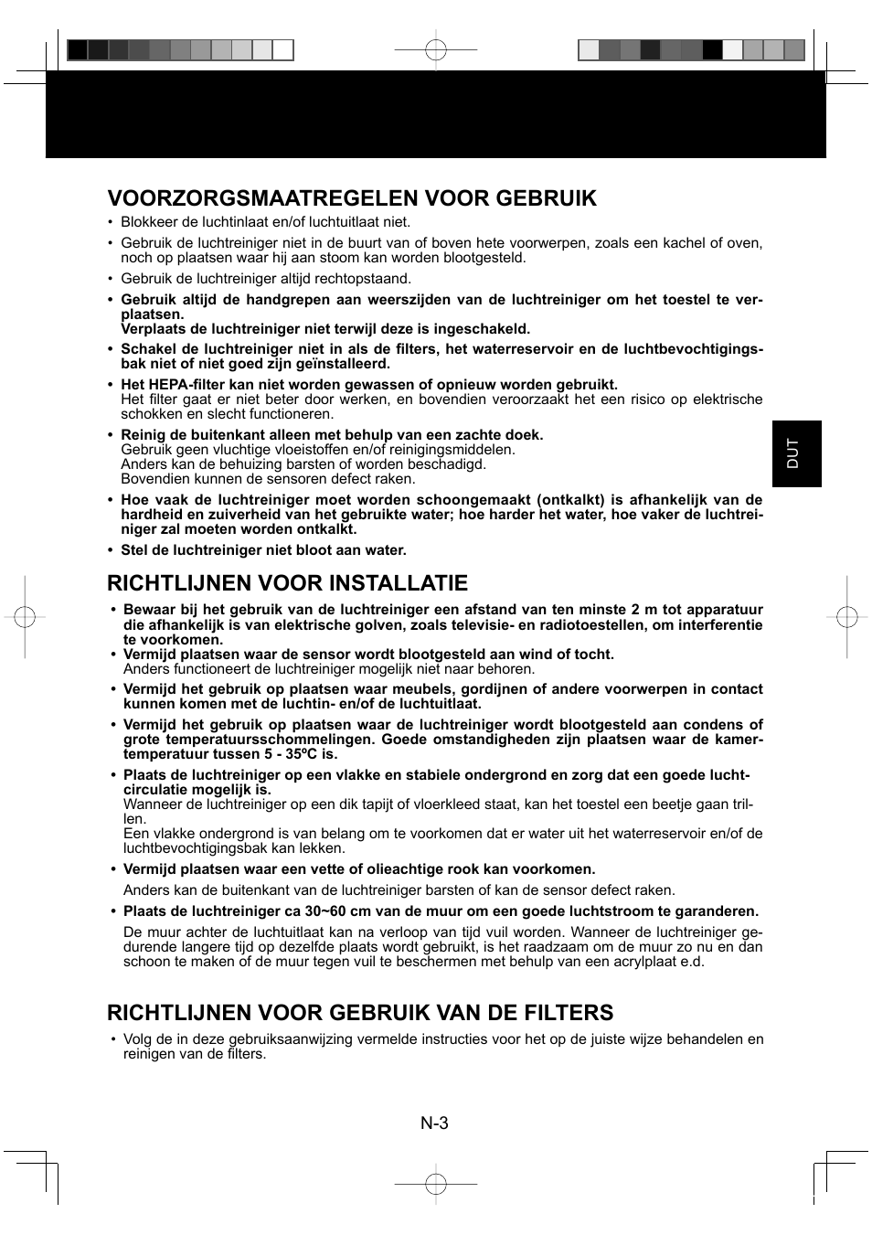Richtlijnen voor gebruik van de filters, Voorzorgsmaatregelen voor gebruik, Richtlijnen voor installatie | Sharp KC-860E User Manual | Page 65 / 264