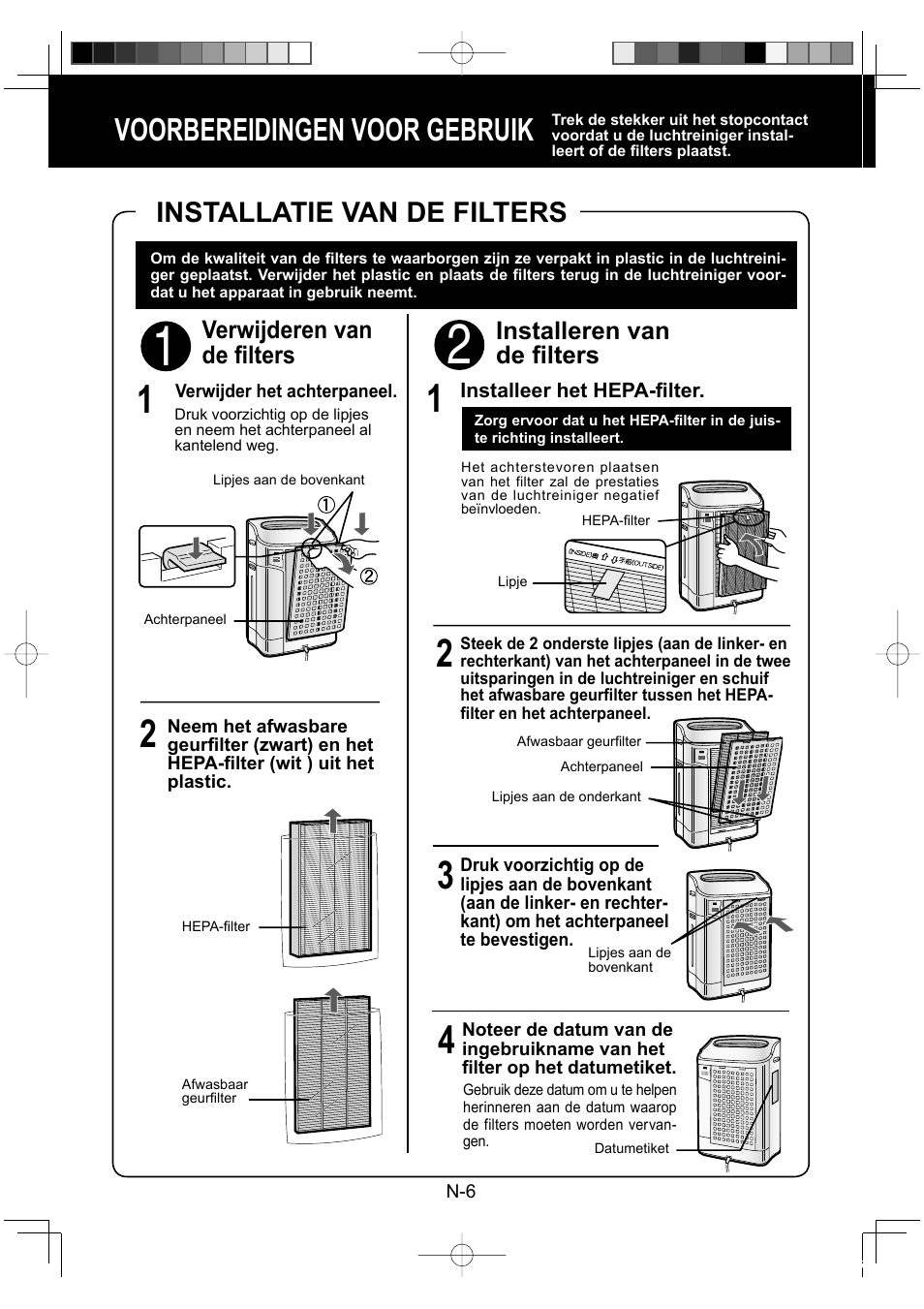 Voorbereidingen voor gebruik, Installatie van de filters, Installeren van de fi lters | Verwijderen van de fi lters | Sharp KC-860E User Manual | Page 68 / 264