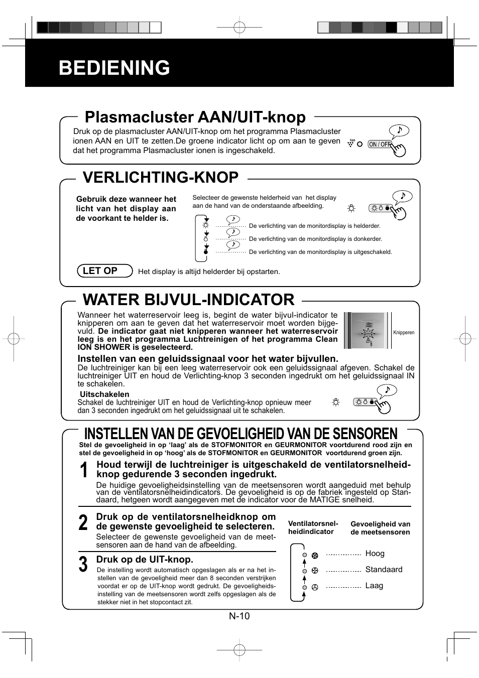 Bediening, Water bijvul-indicator, Plasmacluster aan/uit-knop | Instellen van de gevoeligheid van de sensoren, Verlichting-knop | Sharp KC-860E User Manual | Page 72 / 264