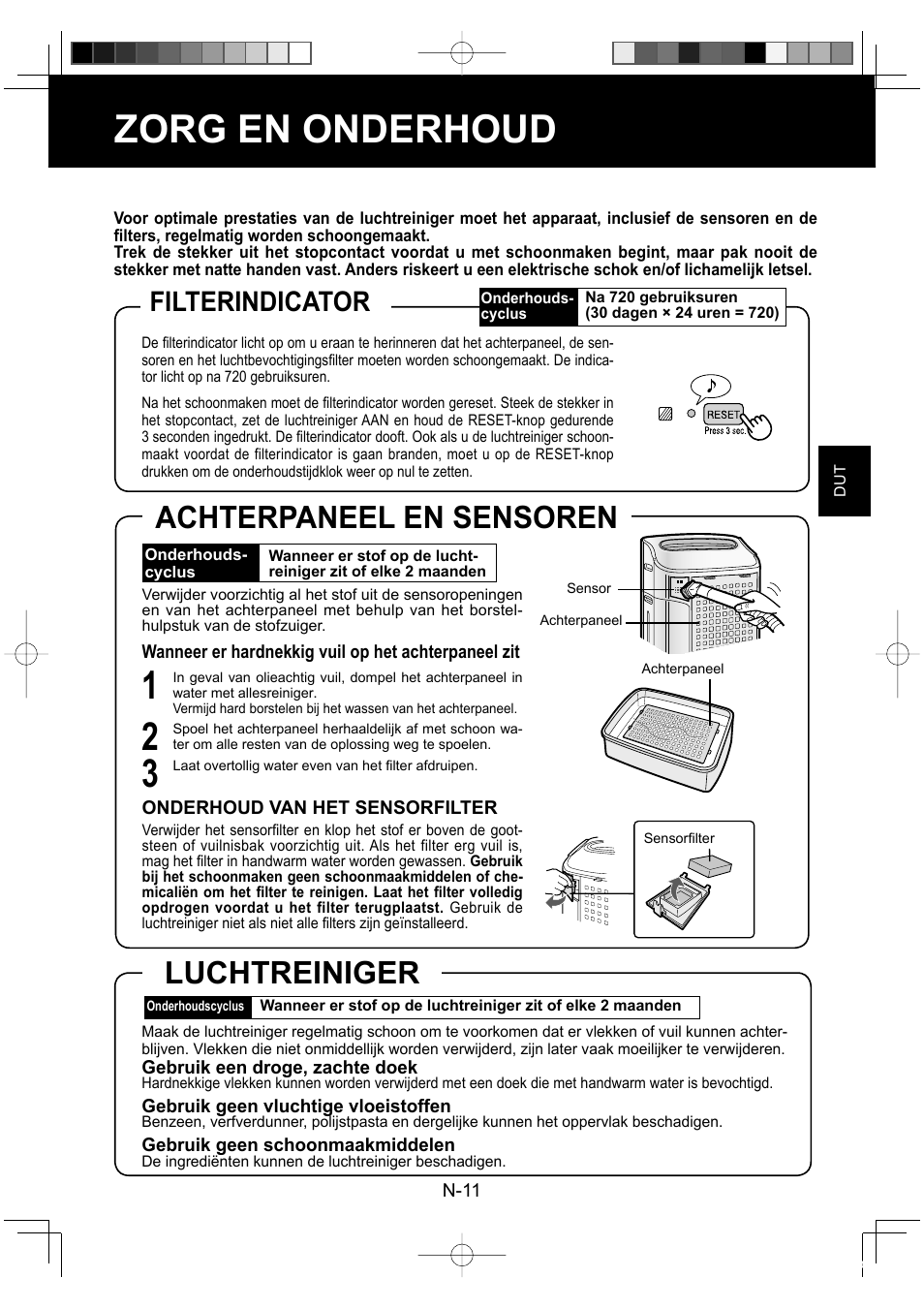 Zorg en onderhoud, Luchtreiniger achterpaneel en sensoren, Filterindicator | Sharp KC-860E User Manual | Page 73 / 264