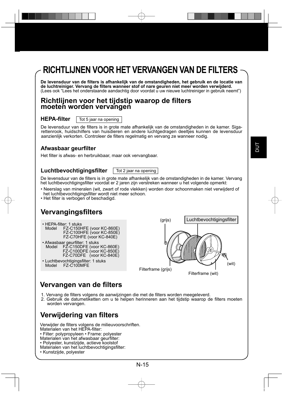Richtlijnen voor het vervangen van de filters, Vervangingsfi lters | Sharp KC-860E User Manual | Page 77 / 264