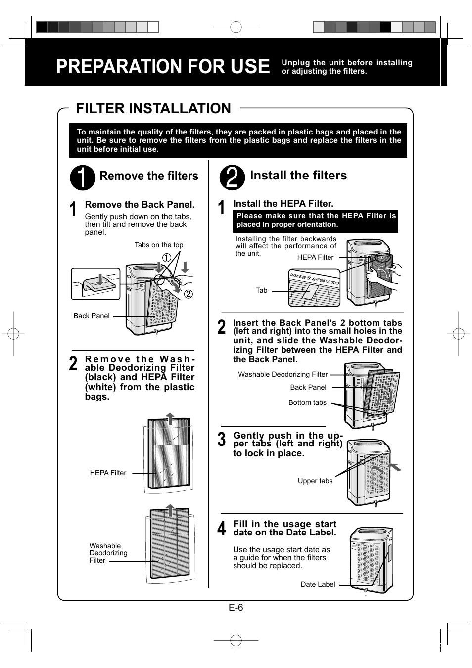 Preparation for use 1, Filter installation, Install the fi lters | Remove the fi lters | Sharp KC-860E User Manual | Page 8 / 264