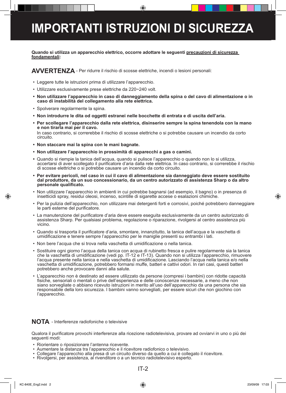 Importanti istruzioni di sicurezza, Avvertenza, Nota | It-2 | Sharp KC-860E User Manual | Page 84 / 264