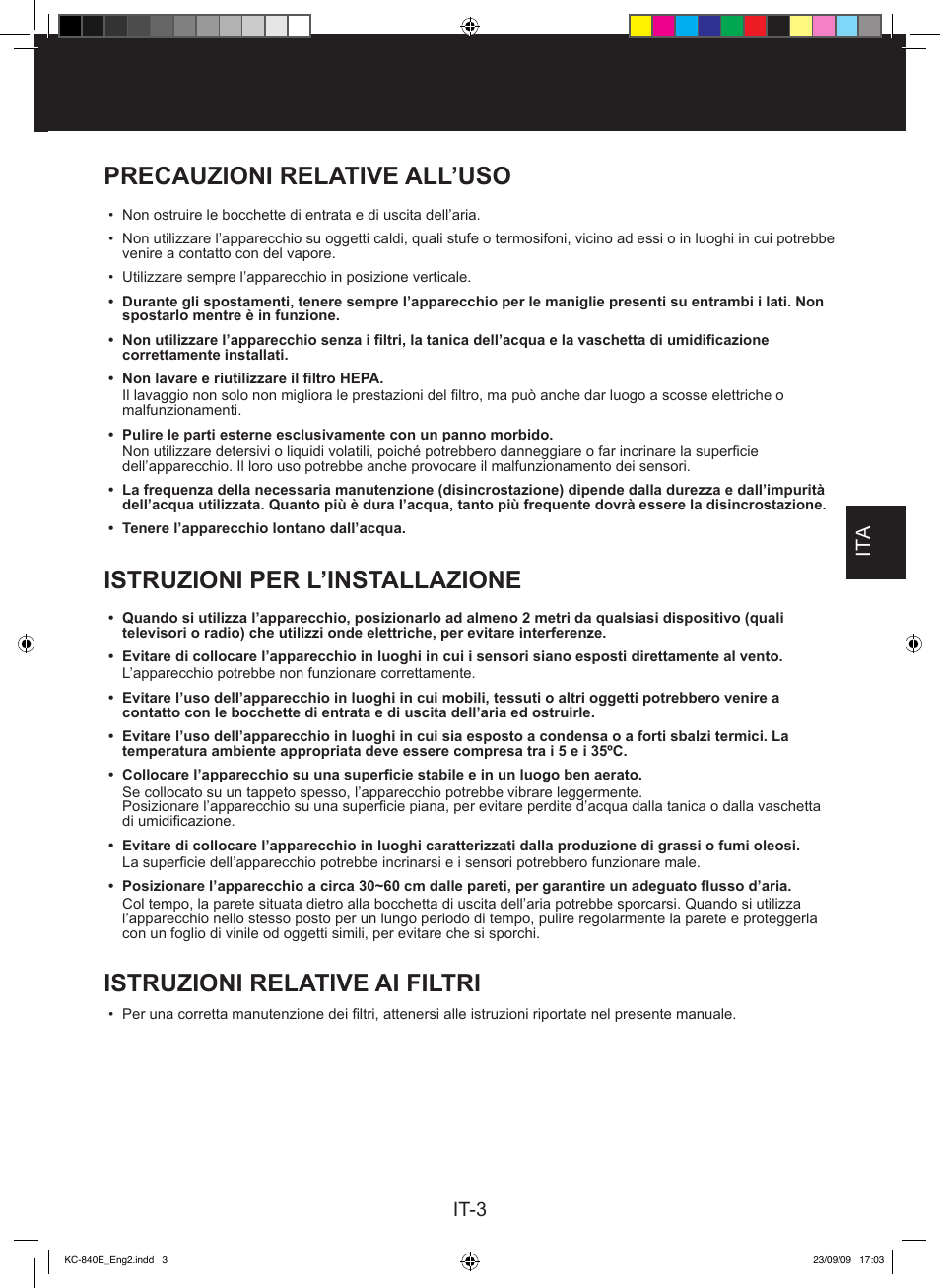 Istruzioni relative ai filtri, Precauzioni relative all’uso, Istruzioni per l’installazione | It-3 ita | Sharp KC-860E User Manual | Page 85 / 264