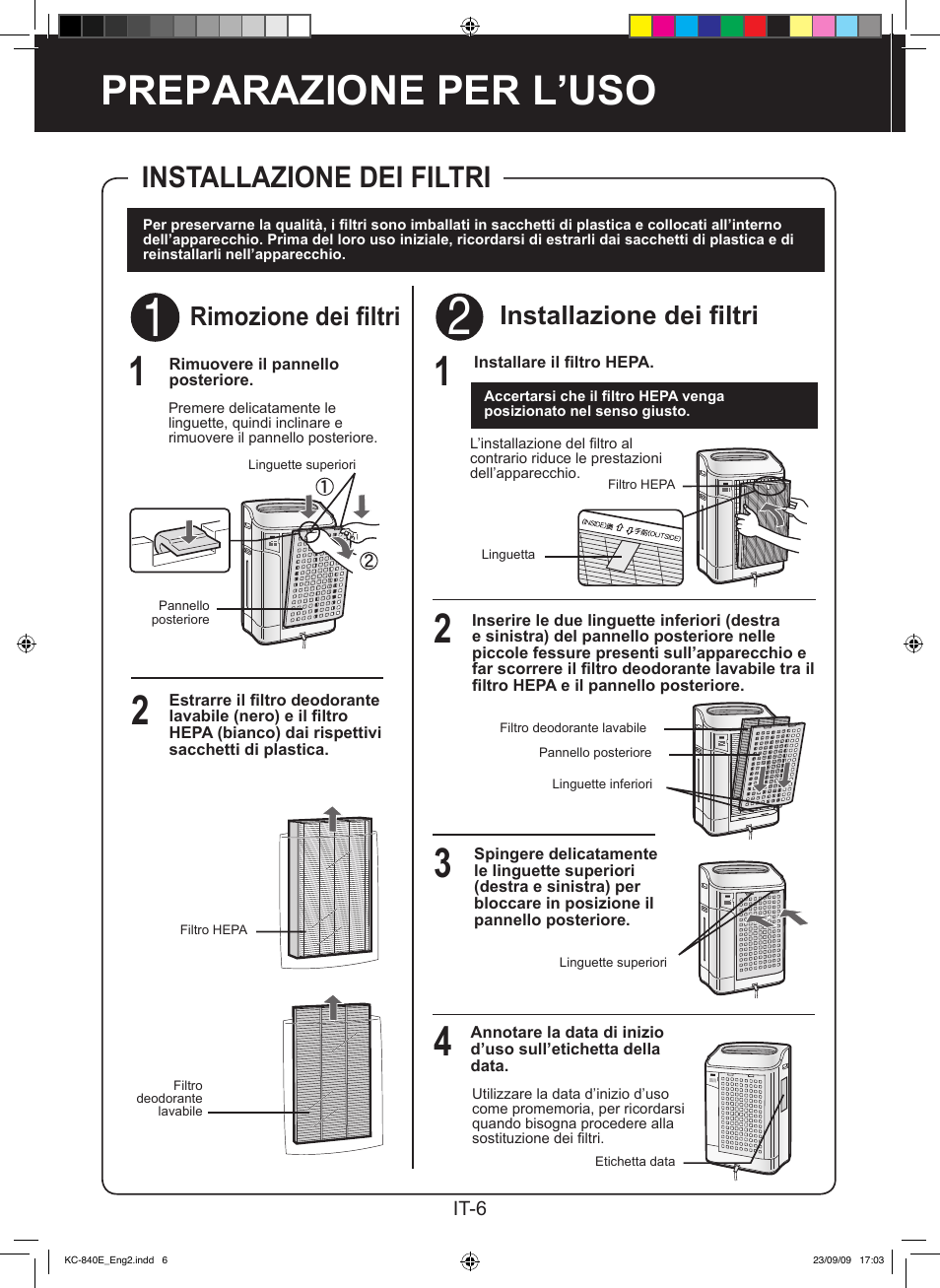 Preparazione per l’uso 2 1, Installazione dei filtri, Rimozione dei filtri | Sharp KC-860E User Manual | Page 88 / 264