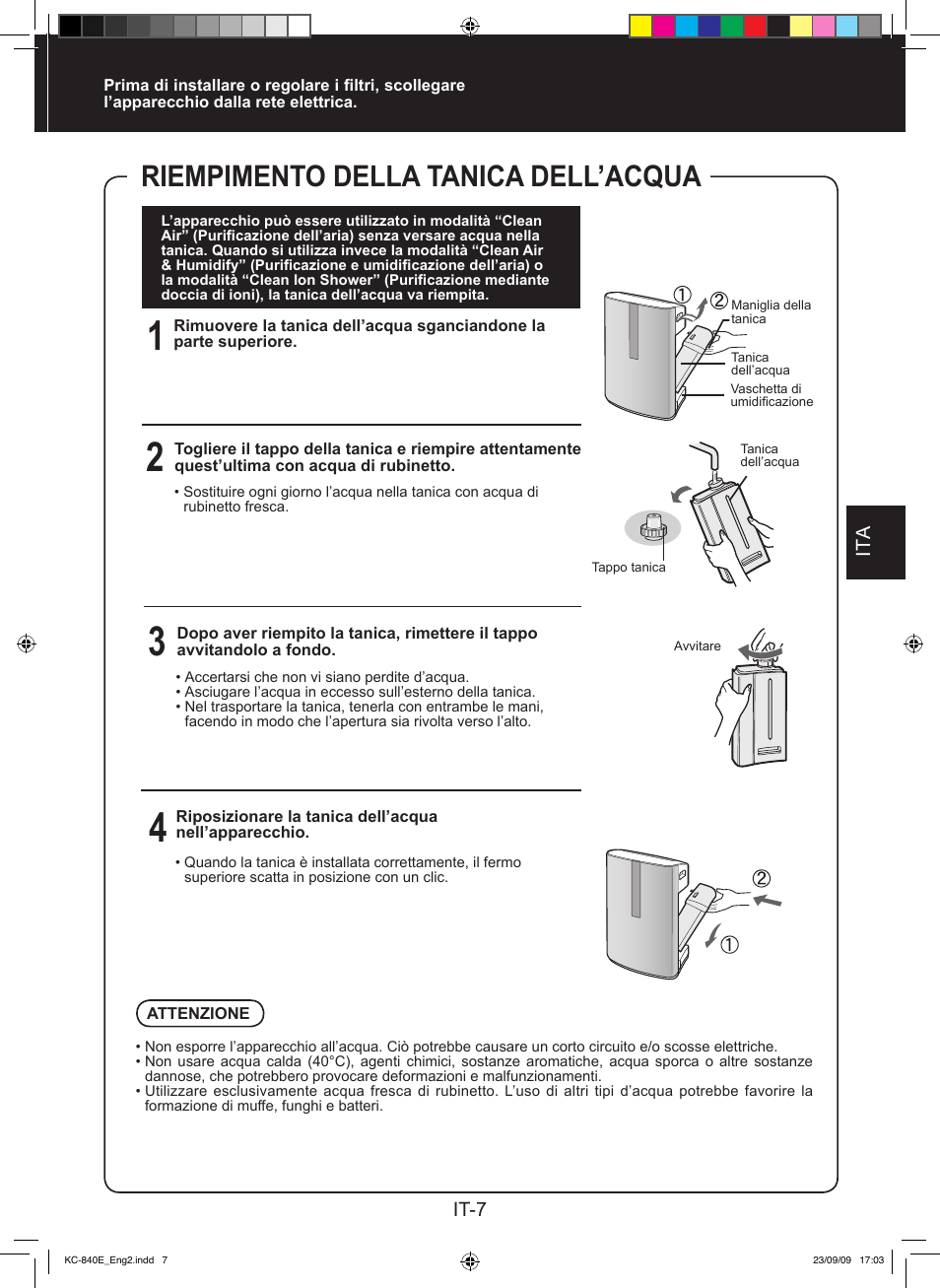 Riempimento della tanica dell’acqua | Sharp KC-860E User Manual | Page 89 / 264