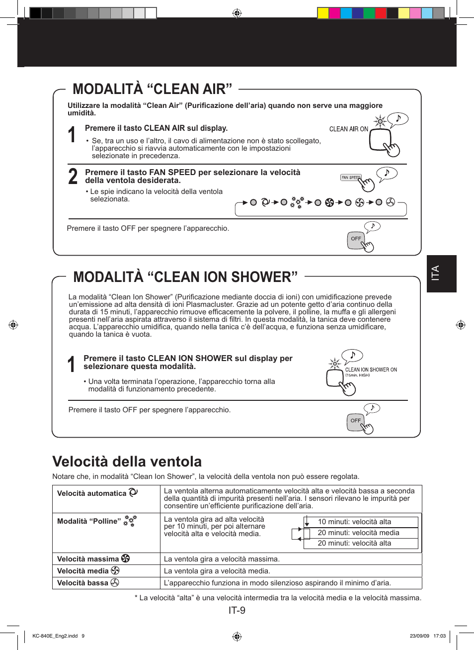 Velocità della ventola, Modalità “clean ion shower, Modalità “clean air | Sharp KC-860E User Manual | Page 91 / 264