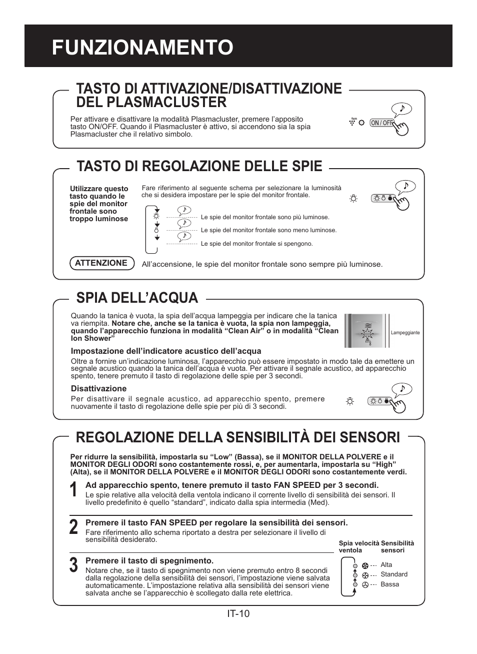 Funzionamento, Spia dell’acqua, Regolazione della sensibilità dei sensori | Tasto di regolazione delle spie | Sharp KC-860E User Manual | Page 92 / 264