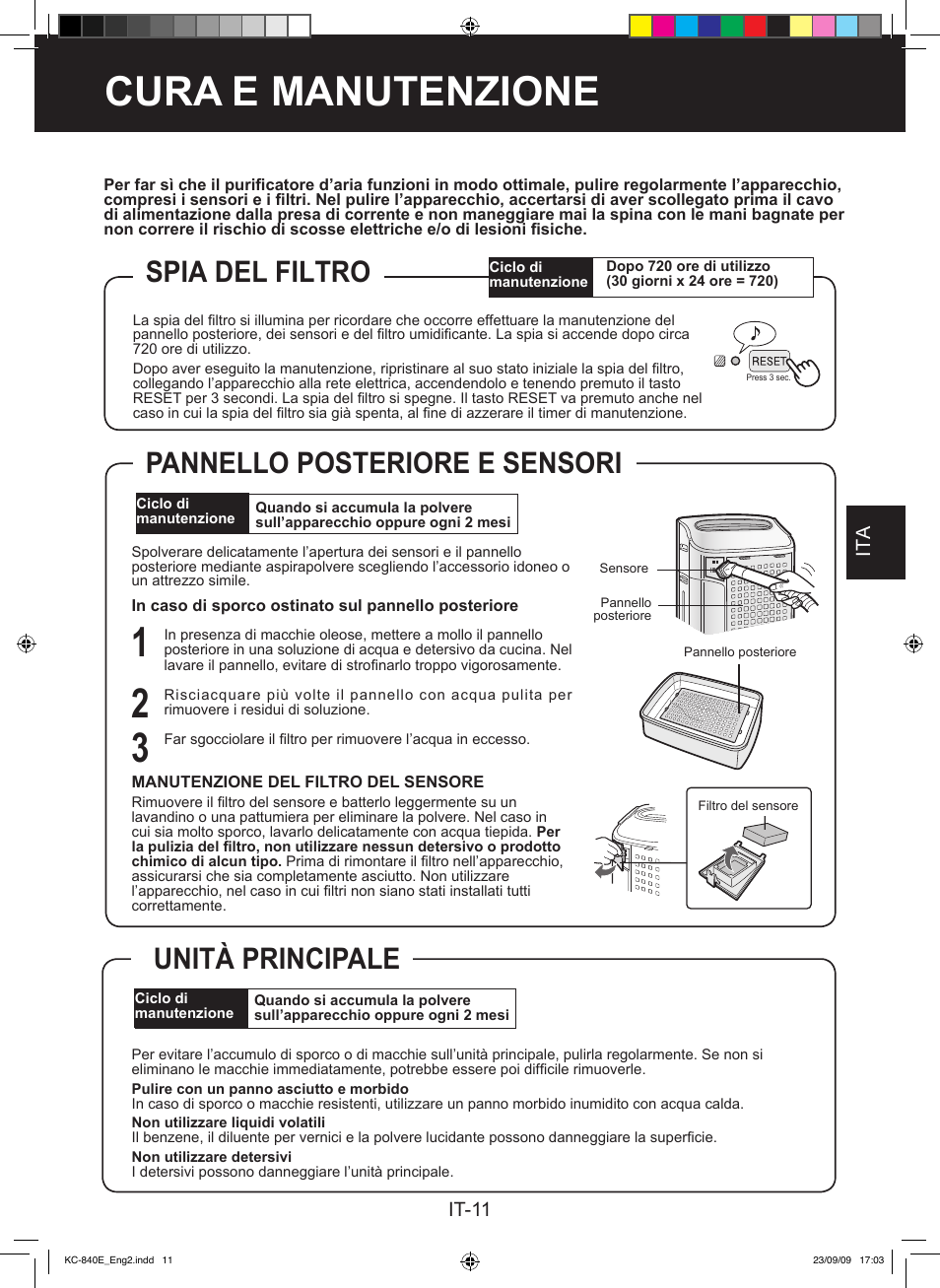 Cura e manutenzione, Spia del filtro, Unità principale | Pannello posteriore e sensori | Sharp KC-860E User Manual | Page 93 / 264
