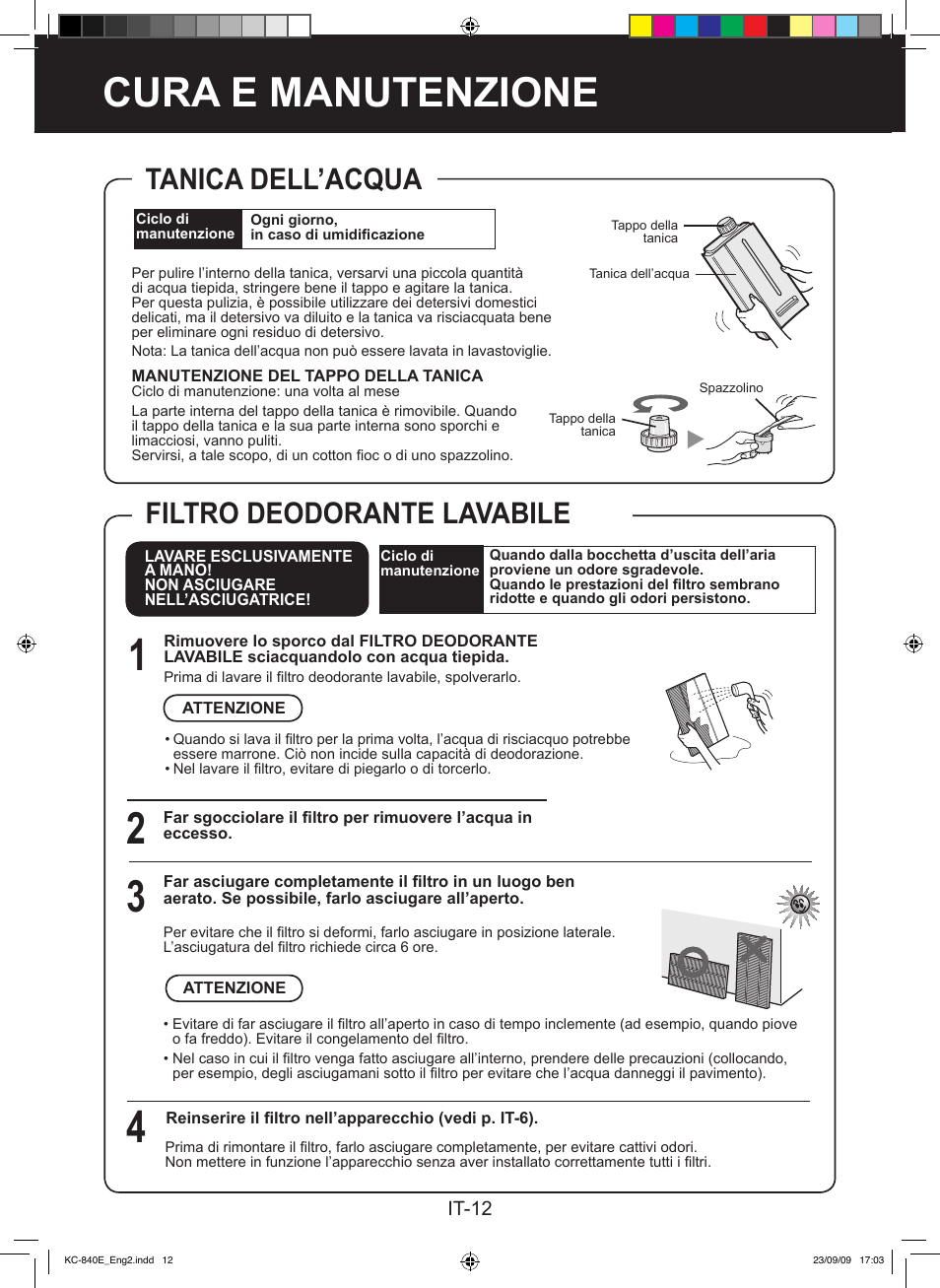 Cura e manutenzione, Filtro deodorante lavabile, Tanica dell’acqua | Sharp KC-860E User Manual | Page 94 / 264