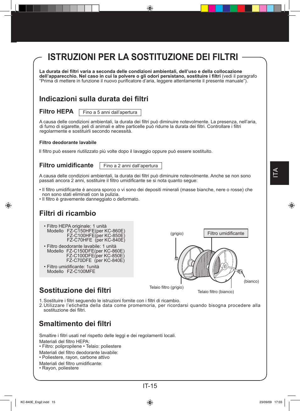 Istruzioni per la sostituzione dei filtri, Indicazioni sulla durata dei filtri, Filtri di ricambio | Smaltimento dei filtri sostituzione dei filtri, It-15 ita, Filtro umidificante, Filtro hepa | Sharp KC-860E User Manual | Page 97 / 264
