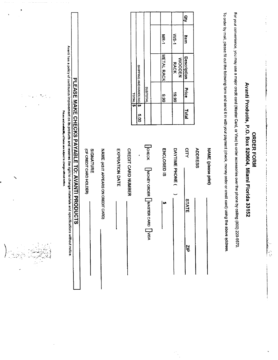 Order form, Please make checks payable to: avanti products | Avanti WC1000 User Manual | Page 2 / 13