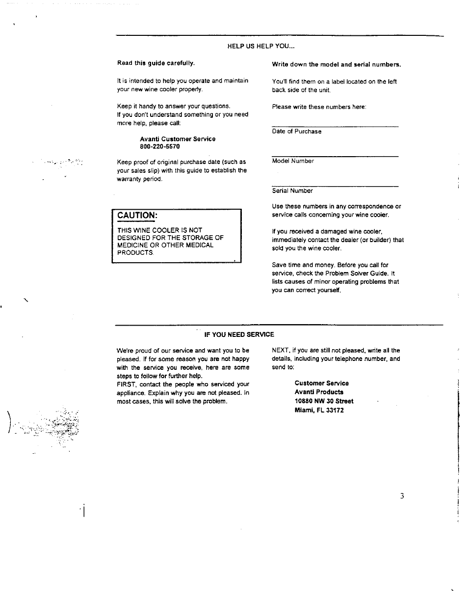 If you need service, Caution | Avanti WC1000 User Manual | Page 4 / 13