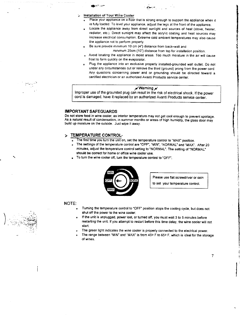 Important safeguards, Temperature control, Note | Avanti WC1000 User Manual | Page 8 / 13