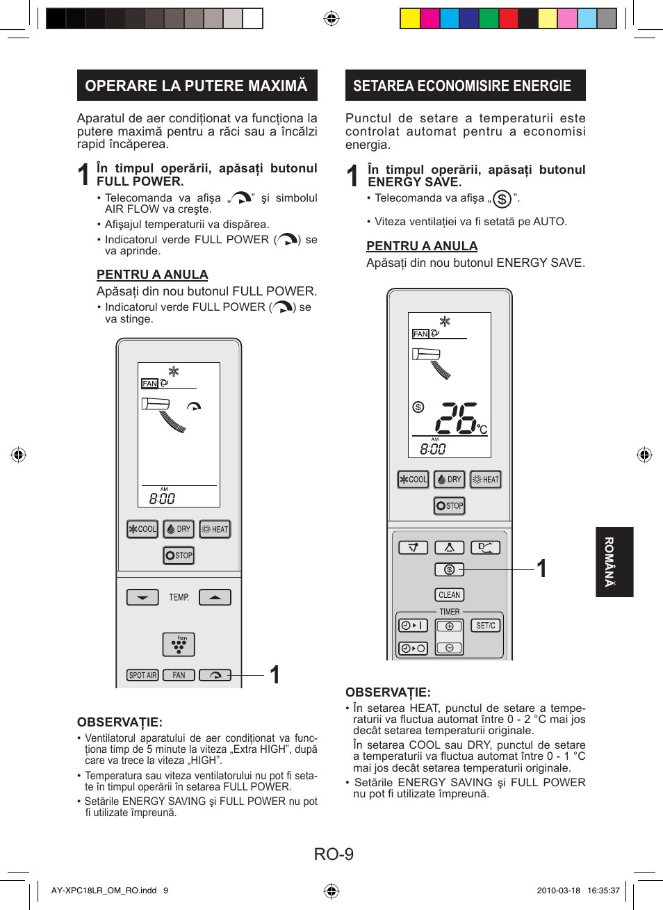 Ro-9, Operare la putere maximă, Setarea economisire energie | Sharp AY-XP24LR - AE-X24LR User Manual | Page 107 / 164