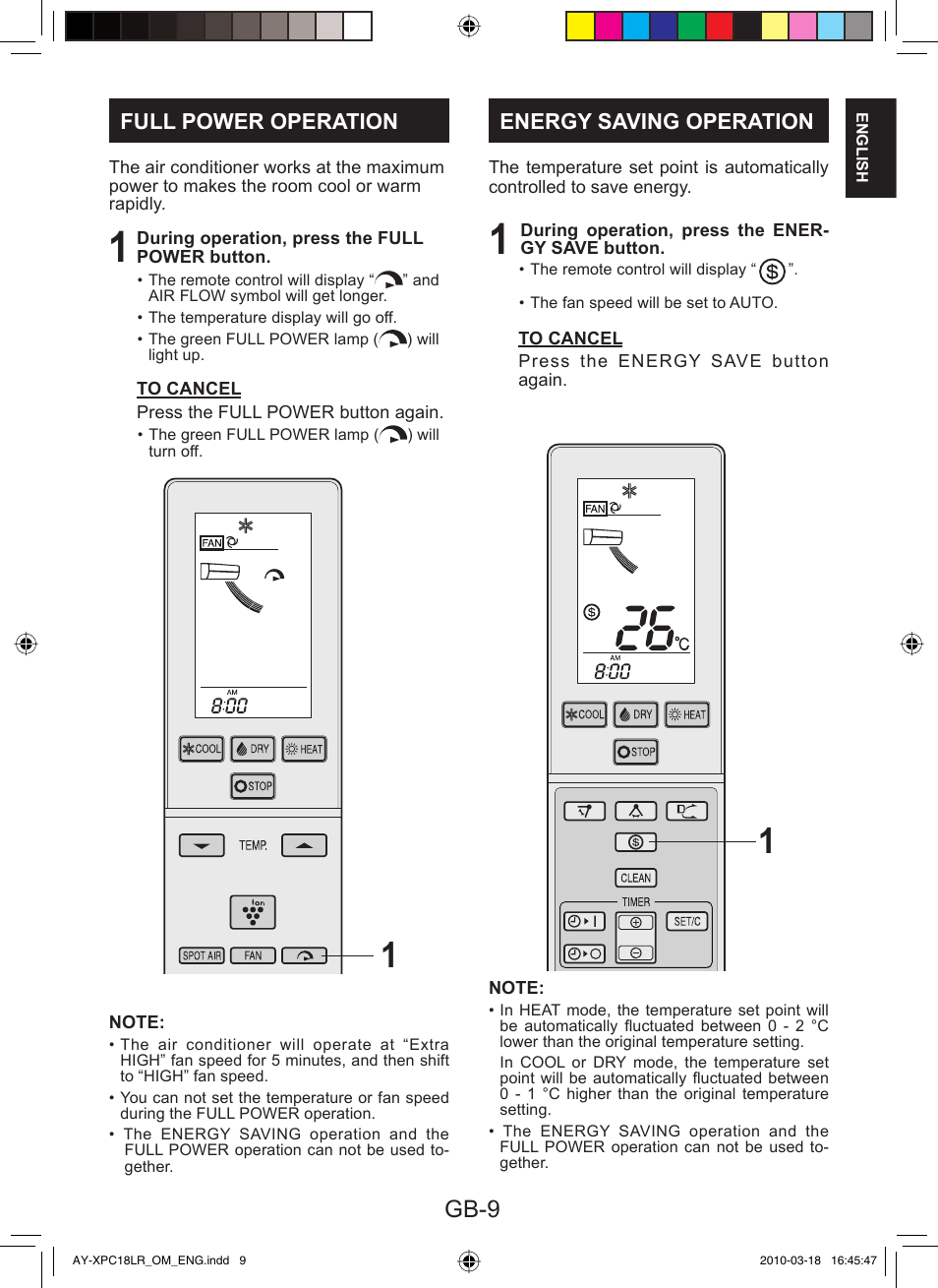 Gb-9, Full power operation, Energy saving operation | Sharp AY-XP24LR - AE-X24LR User Manual | Page 11 / 164