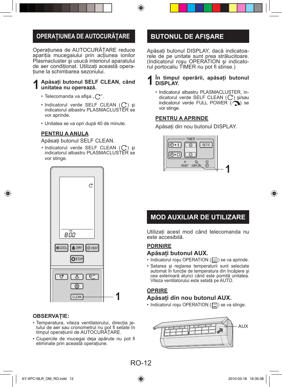 Ro-12, Operaţiunea de autocurăţare, Butonul de afişare | Mod auxiliar de utilizare | Sharp AY-XP24LR - AE-X24LR User Manual | Page 110 / 164