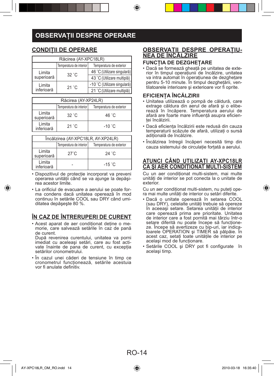 Ro-14, Observaţii despre operare, Condiţii de operare | În caz de întreruperi de curent, Observaţii despre operaţiu- nea de încălzire | Sharp AY-XP24LR - AE-X24LR User Manual | Page 112 / 164