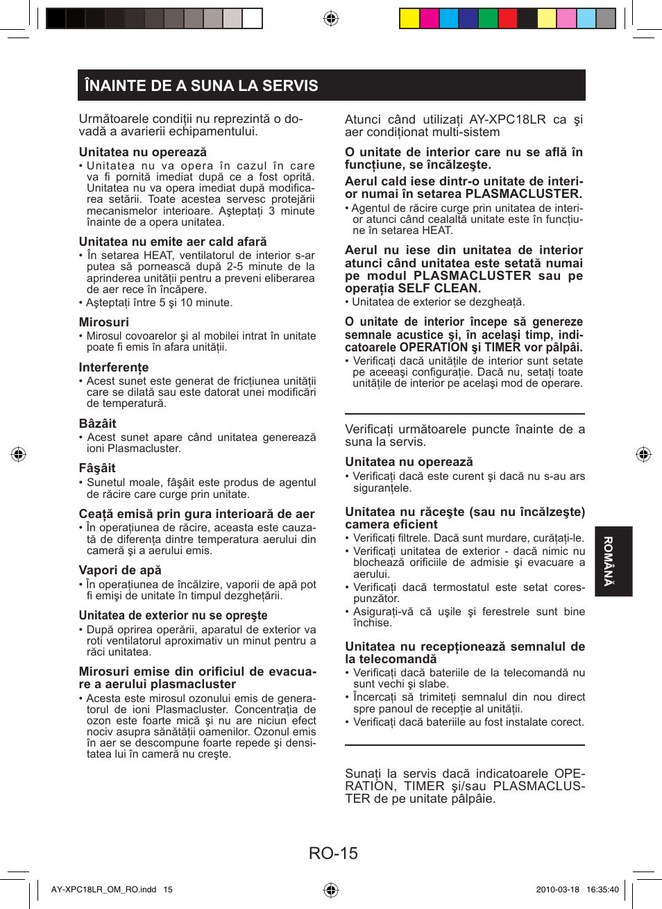 Ro-15, Înainte de a suna la servis | Sharp AY-XP24LR - AE-X24LR User Manual | Page 113 / 164