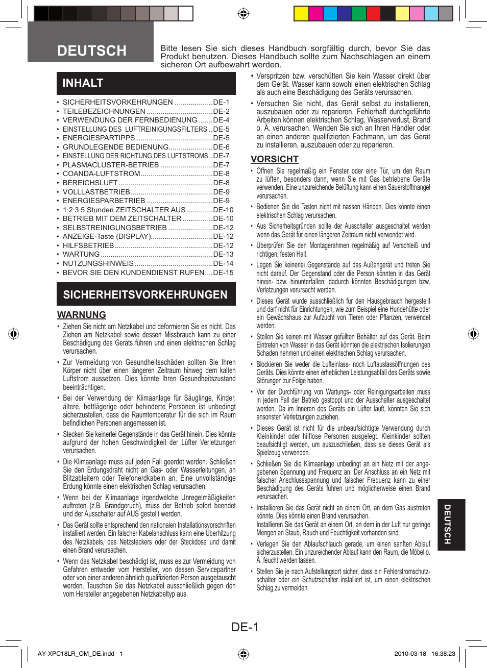 Deutsch, De-1, Inhalt | Sicherheitsvorkehrungen | Sharp AY-XP24LR - AE-X24LR User Manual | Page 131 / 164