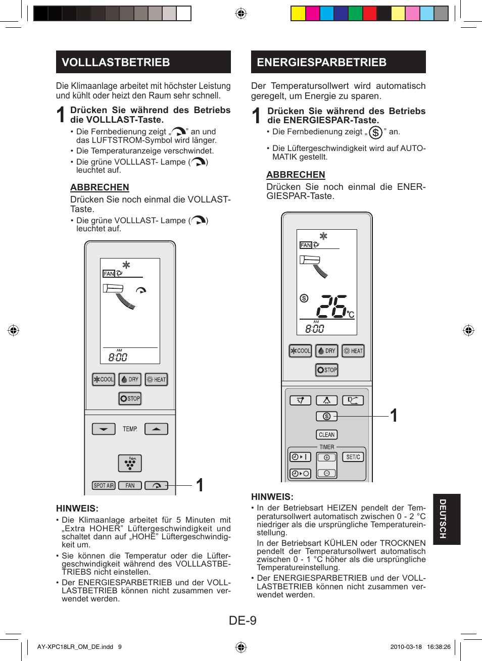 De-9, Volllastbetrieb, Energiesparbetrieb | Sharp AY-XP24LR - AE-X24LR User Manual | Page 139 / 164