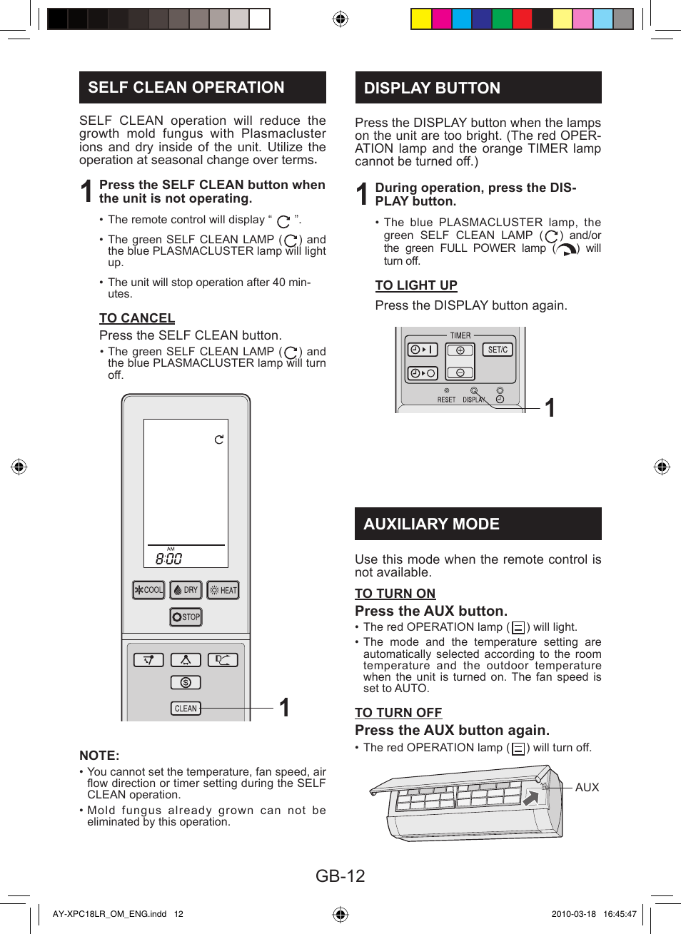 Gb-12, Self clean operation, Display button | Auxiliary mode | Sharp AY-XP24LR - AE-X24LR User Manual | Page 14 / 164