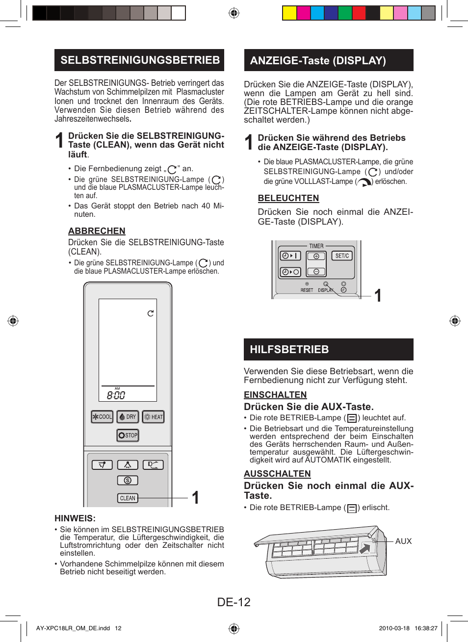 De-12, Selbstreinigungsbetrieb, Anzeige-taste (display) | Hilfsbetrieb | Sharp AY-XP24LR - AE-X24LR User Manual | Page 142 / 164