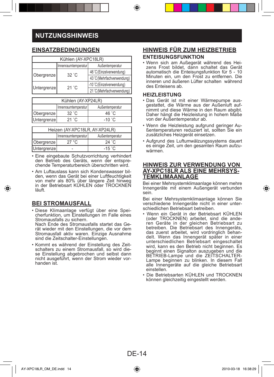 De-14, Nutzungshinweis, Einsatzbedingungen | Bei stromausfall, Hinweis für zum heizbetrieb | Sharp AY-XP24LR - AE-X24LR User Manual | Page 144 / 164