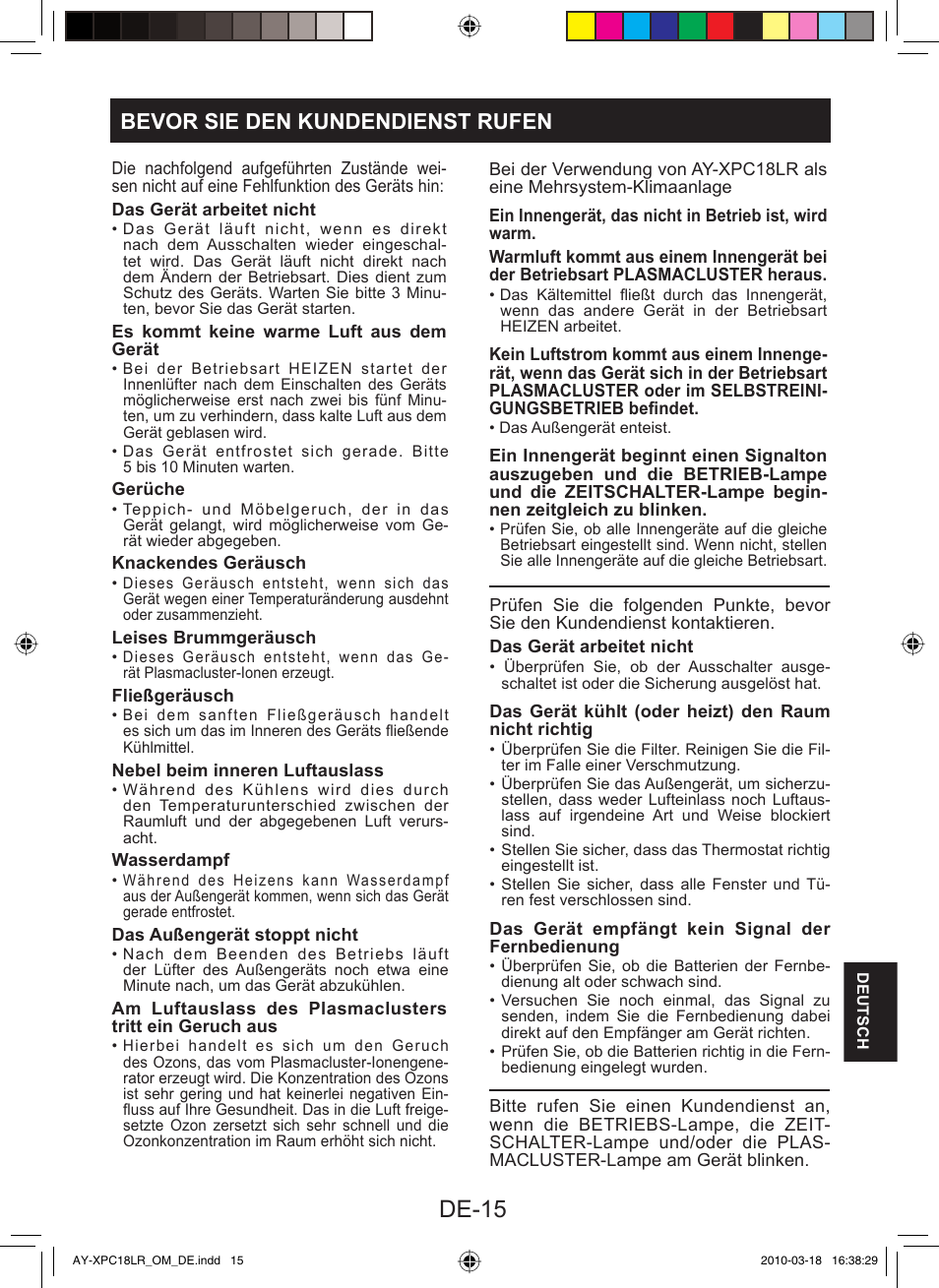 De-15, Bevor sie den kundendienst rufen | Sharp AY-XP24LR - AE-X24LR User Manual | Page 145 / 164