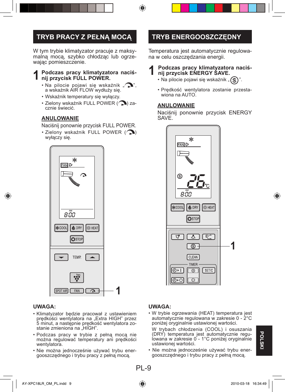 Pl-9, Tryb pracy z pełną mocą, Tryb energooszczędny | Sharp AY-XP24LR - AE-X24LR User Manual | Page 155 / 164