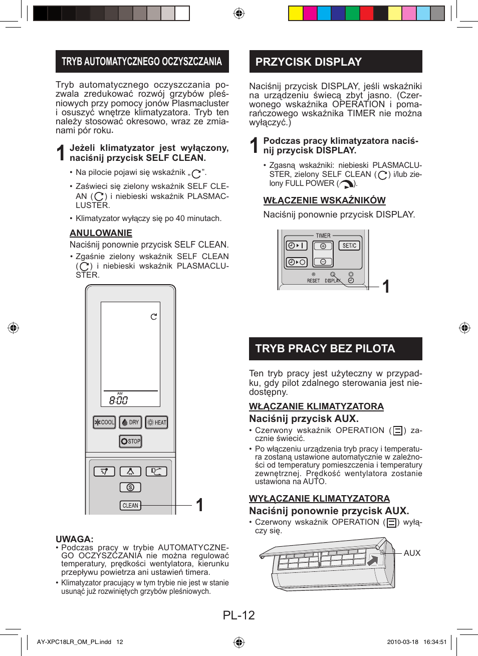 Pl-12, Tryb automatycznego oczyszczania, Przycisk display | Tryb pracy bez pilota | Sharp AY-XP24LR - AE-X24LR User Manual | Page 158 / 164