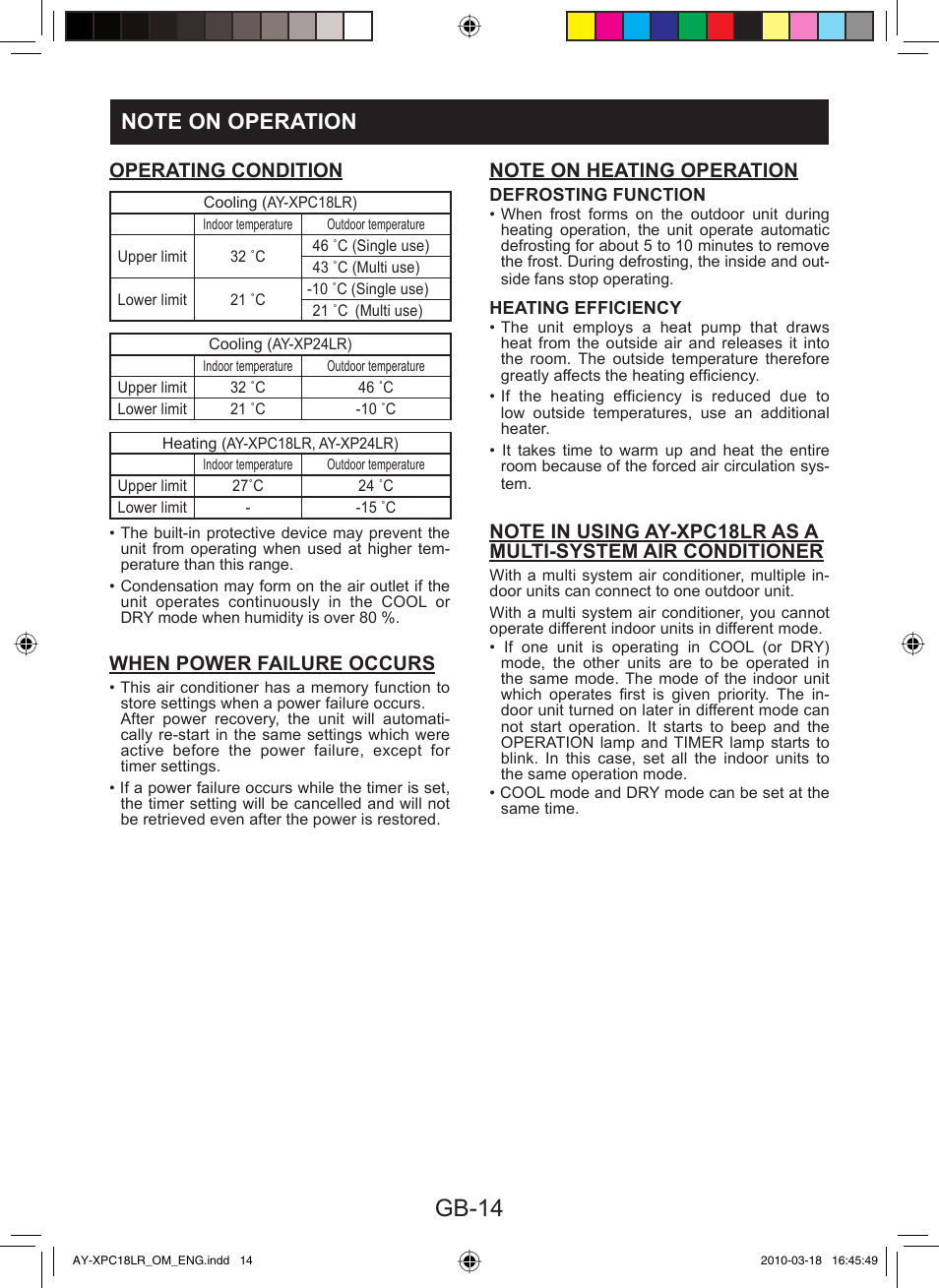 Gb-14, Operating condition, When power failure occurs | Sharp AY-XP24LR - AE-X24LR User Manual | Page 16 / 164