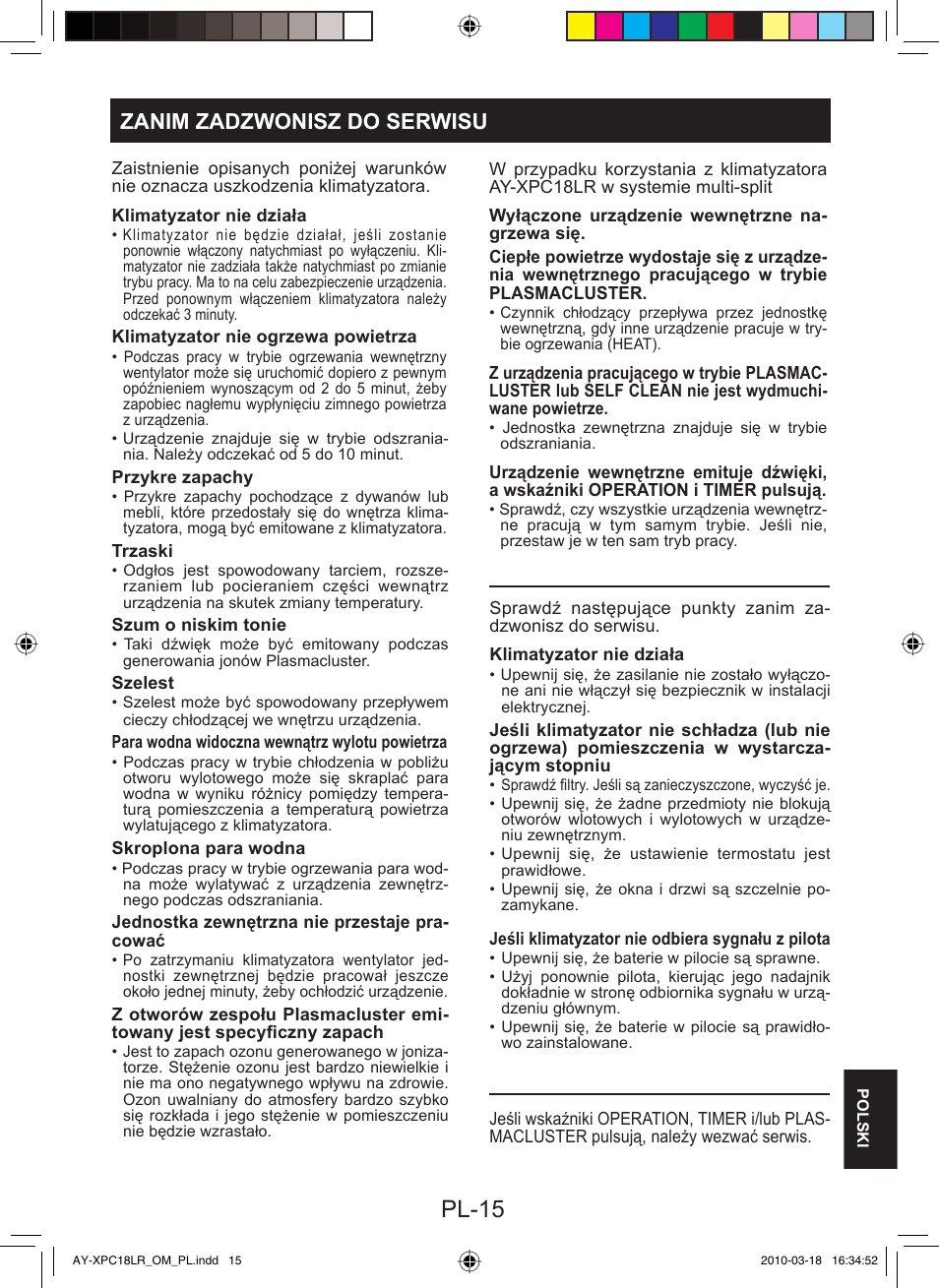 Pl-15, Zanim zadzwonisz do serwisu | Sharp AY-XP24LR - AE-X24LR User Manual | Page 161 / 164