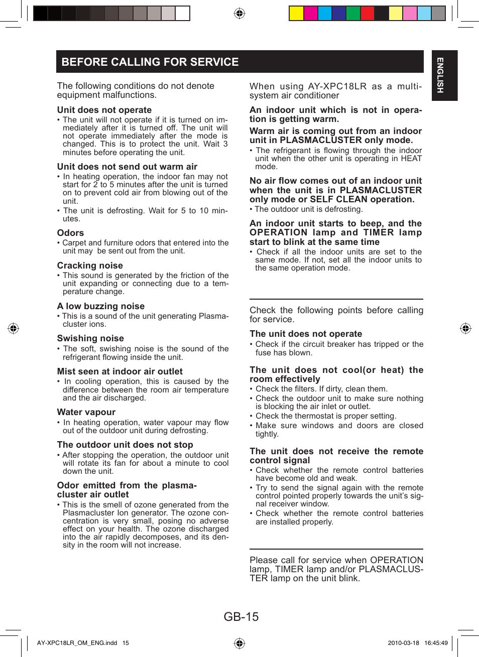 Gb-15, Before calling for service | Sharp AY-XP24LR - AE-X24LR User Manual | Page 17 / 164