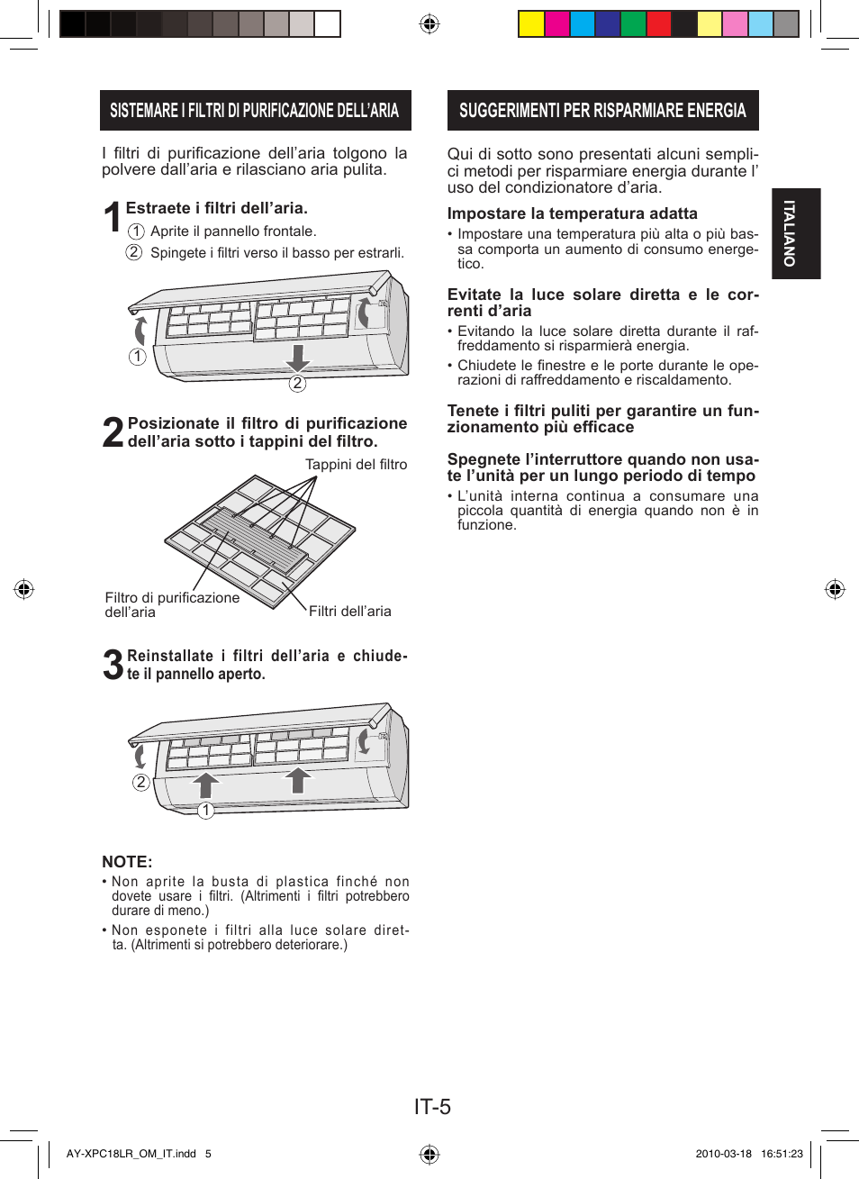 It-5, Sistemare i filtri di purificazione dell’aria, Suggerimenti per risparmiare energia | Sharp AY-XP24LR - AE-X24LR User Manual | Page 23 / 164