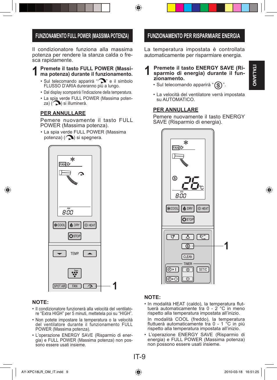 It-9, Funzionamento full power (massima potenza), Funzionamento per risparmiare energia | Sharp AY-XP24LR - AE-X24LR User Manual | Page 27 / 164