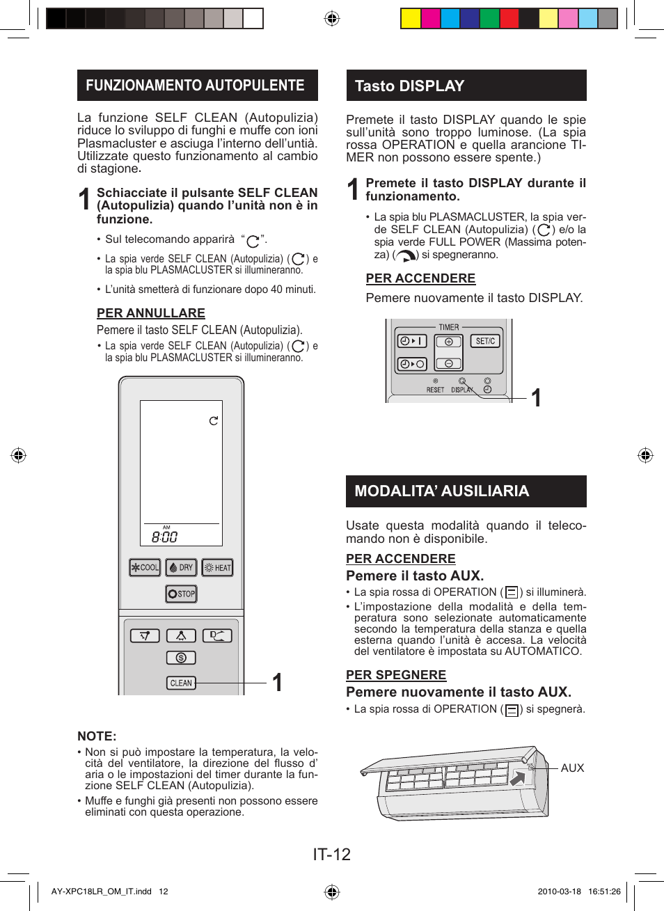 It-12, Funzionamento autopulente, Tasto display | Modalita’ ausiliaria | Sharp AY-XP24LR - AE-X24LR User Manual | Page 30 / 164