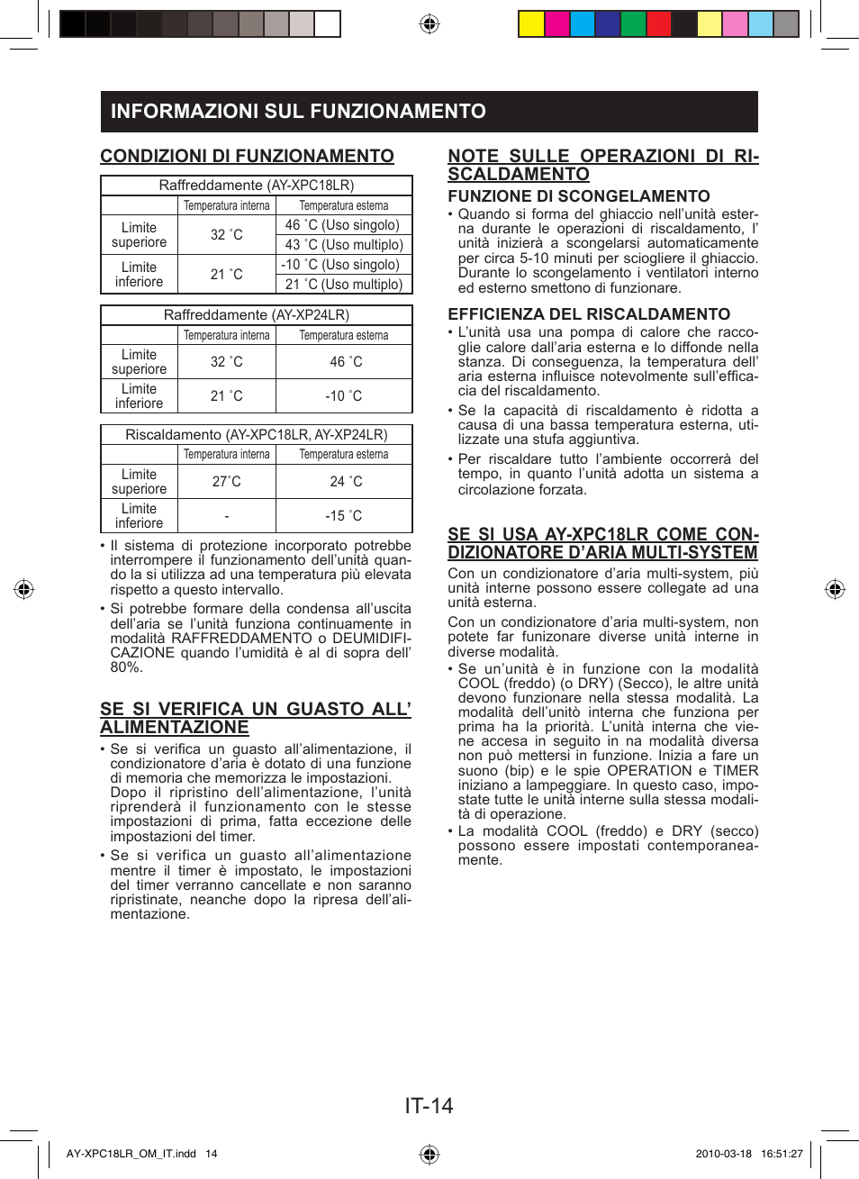 It-14, Informazioni sul funzionamento, Condizioni di funzionamento | Se si verifica un guasto all’ alimentazione | Sharp AY-XP24LR - AE-X24LR User Manual | Page 32 / 164