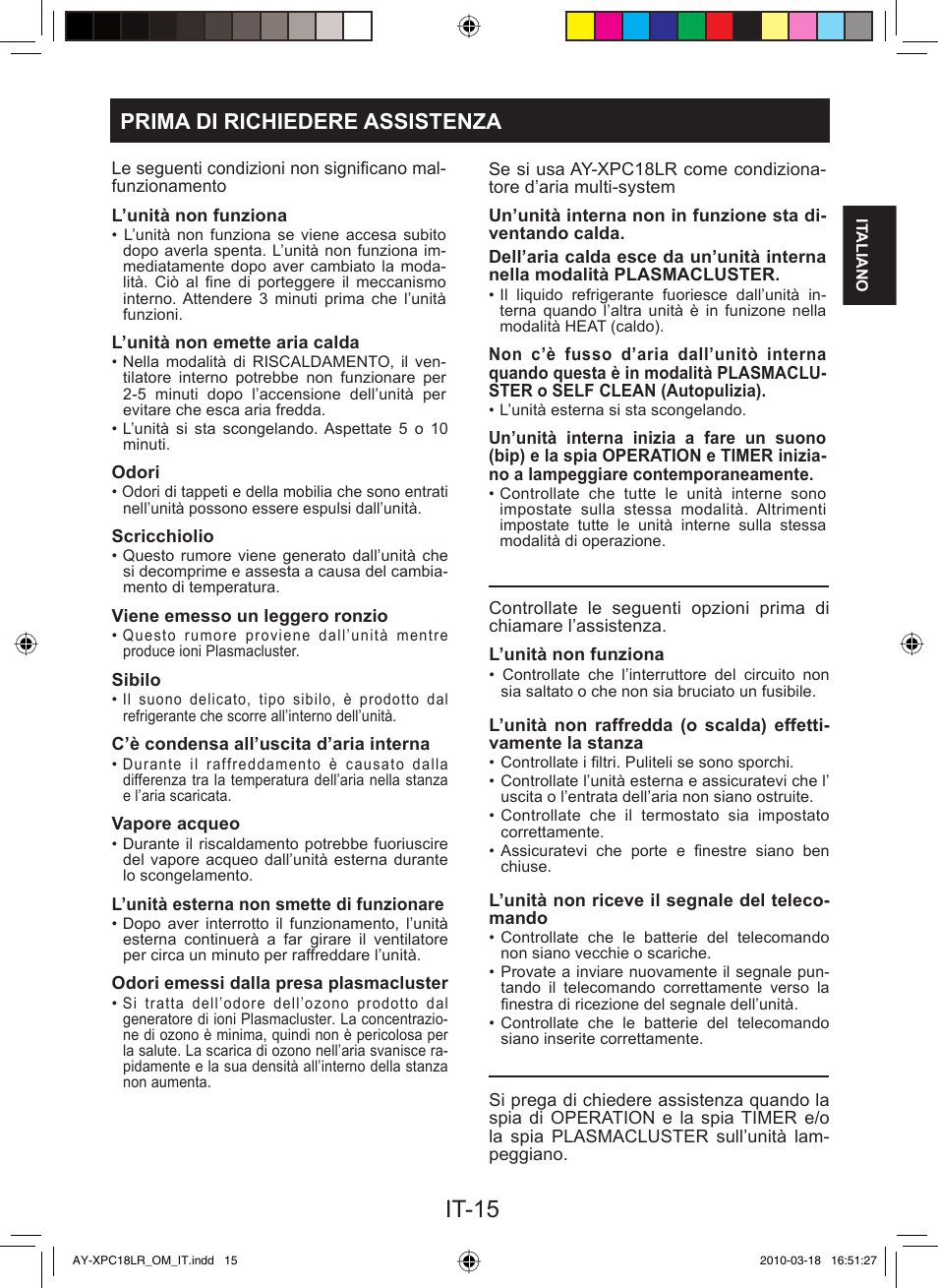 It-15, Prima di richiedere assistenza | Sharp AY-XP24LR - AE-X24LR User Manual | Page 33 / 164