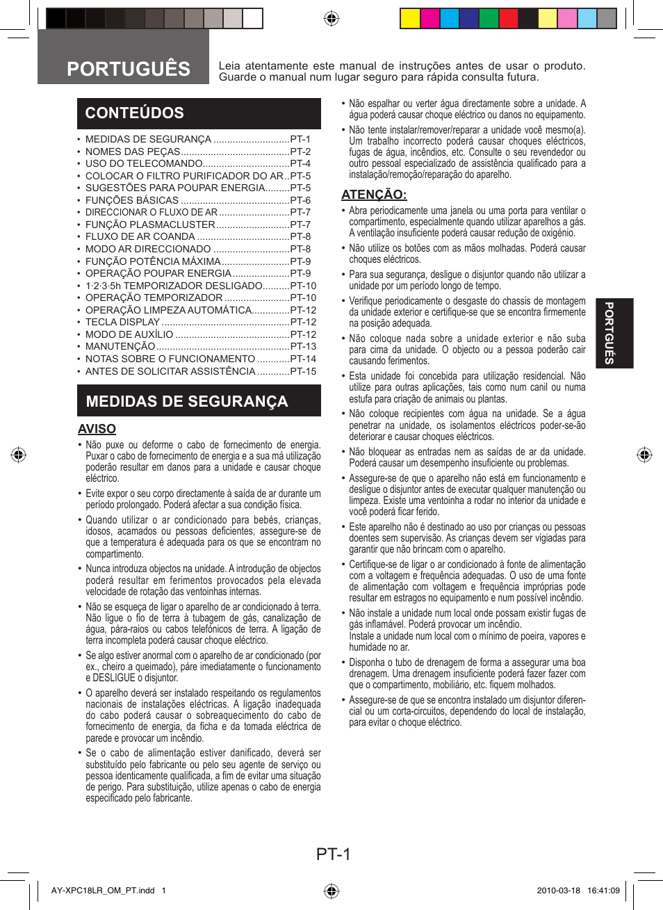 Português, Pt-1, Conteúdos | Medidas de segurança | Sharp AY-XP24LR - AE-X24LR User Manual | Page 51 / 164