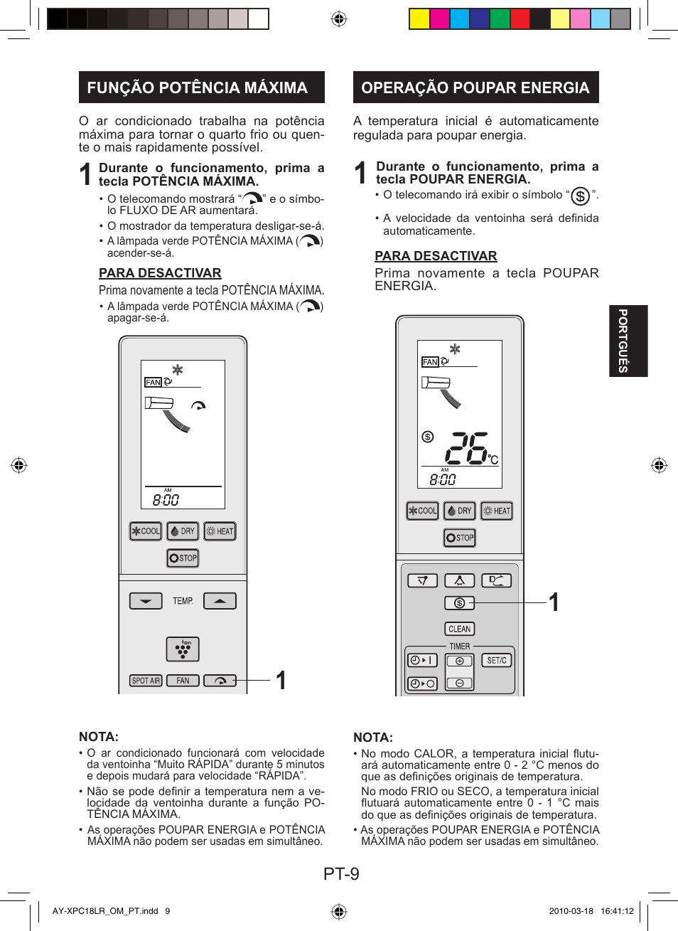 Pt-9, Função potência máxima, Operação poupar energia | Sharp AY-XP24LR - AE-X24LR User Manual | Page 59 / 164