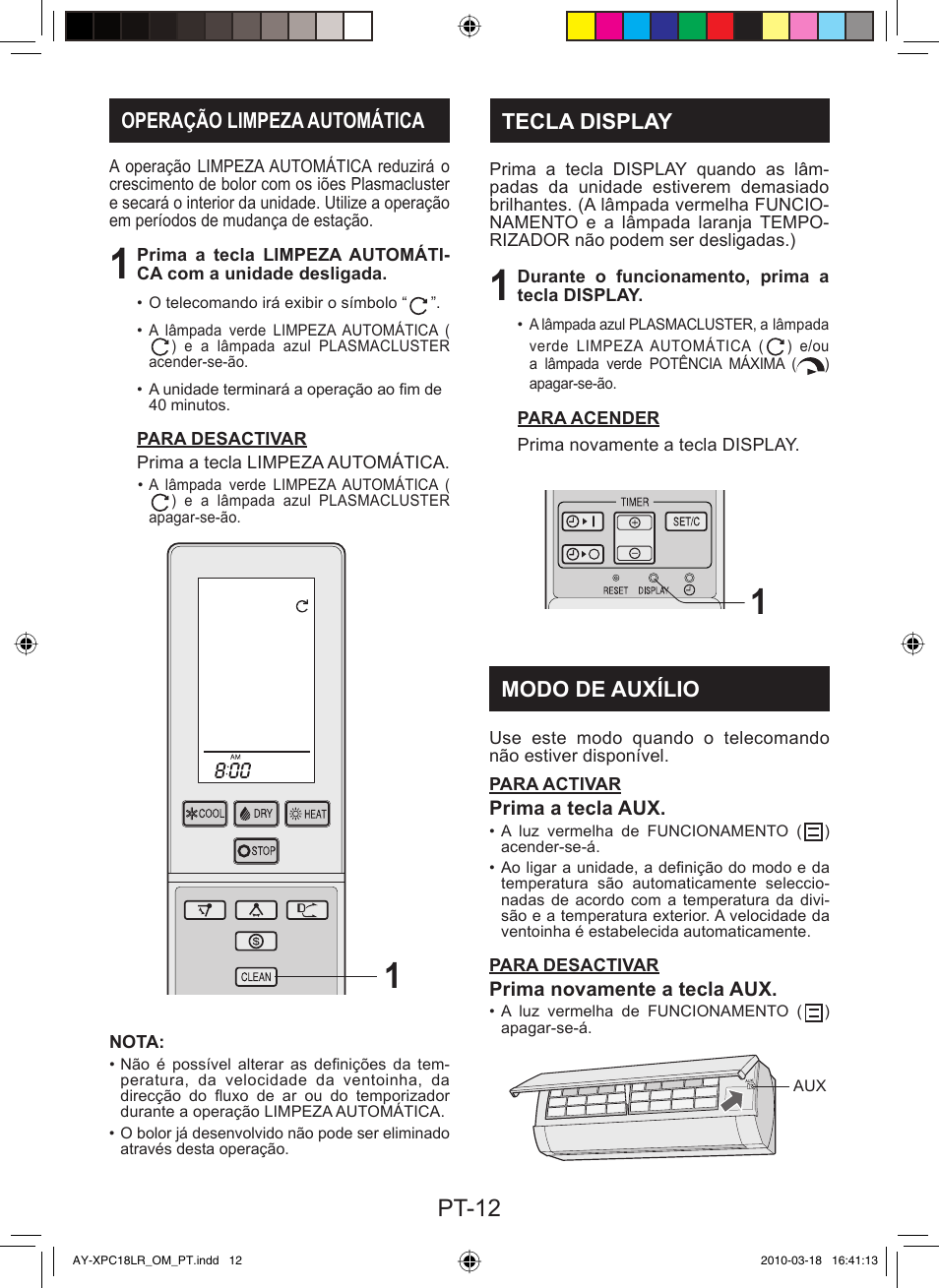 Pt-12, Operação limpeza automática, Tecla display | Modo de auxílio | Sharp AY-XP24LR - AE-X24LR User Manual | Page 62 / 164