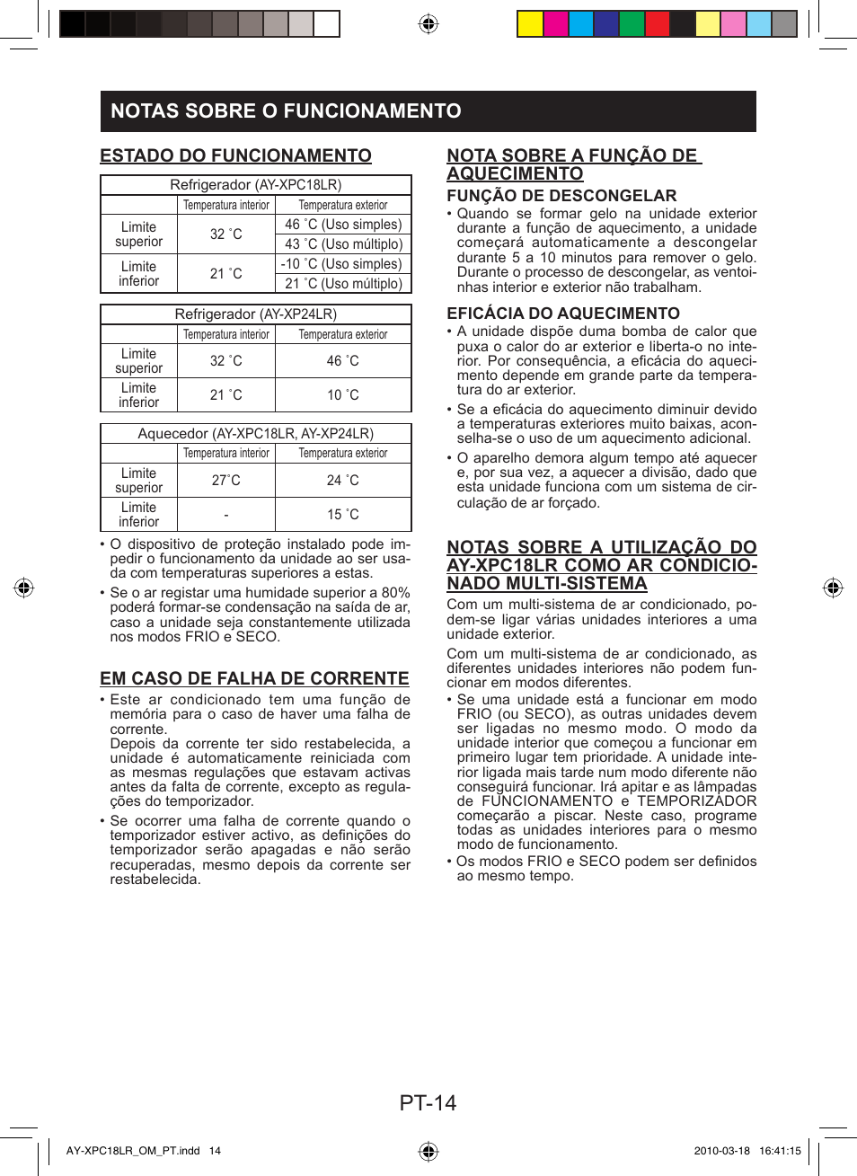 Pt-14, Notas sobre o funcionamento, Estado do funcionamento | Em caso de falha de corrente, Nota sobre a função de aquecimento | Sharp AY-XP24LR - AE-X24LR User Manual | Page 64 / 164